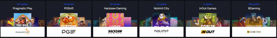 Spelaanbieders bij Win.Bet Casino, waaronder Pragmatic Play, PGSoft, Hacksaw Gaming, Nolimit City, InOut Games en BGaming